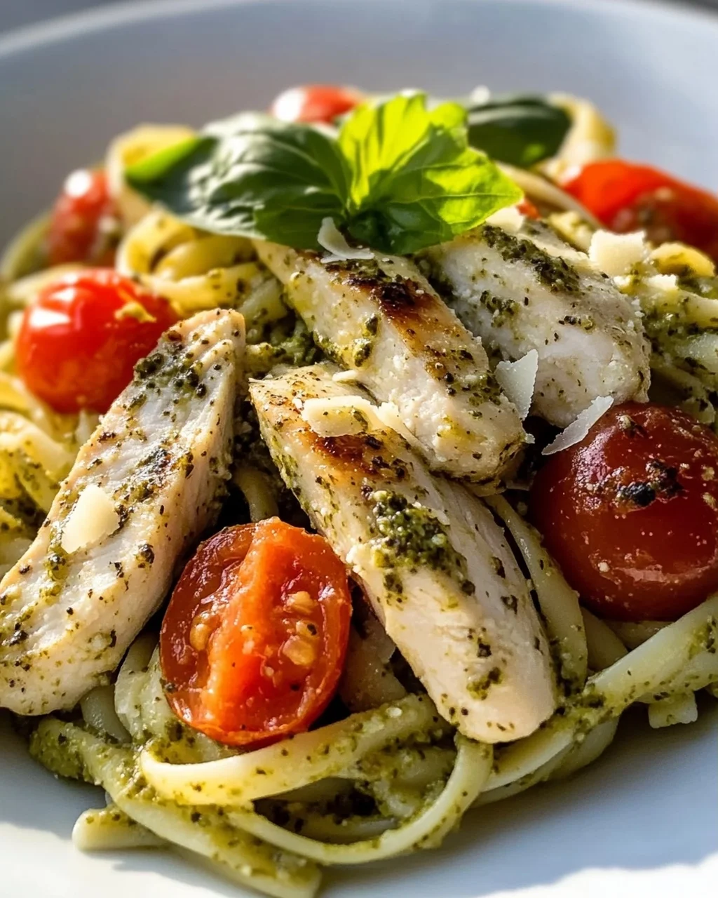 Aromatische Pesto Hähnchen Pasta mit süßen Kirschtomaten