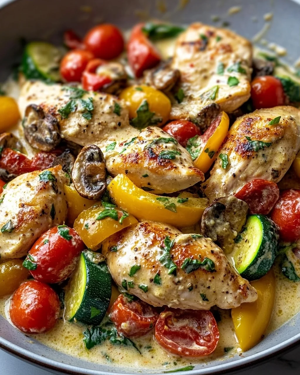 Cremige Boursin Hähnchen Pfanne mit frischem Gemüse