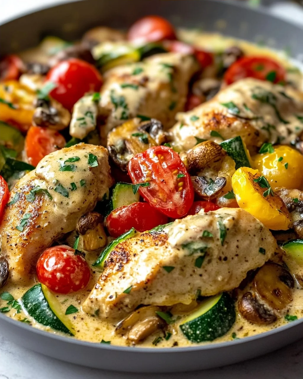 Cremige Boursin Hähnchen Pfanne mit frischem Gemüse