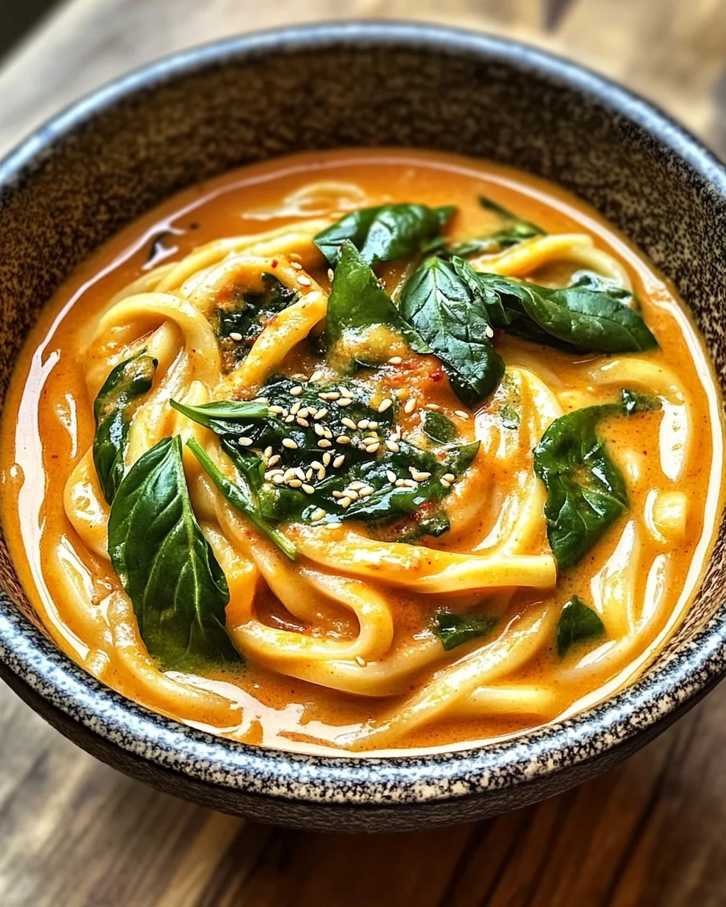 Cremige thailändische rote Curry Udon-Nudeln schnell zubereitet
