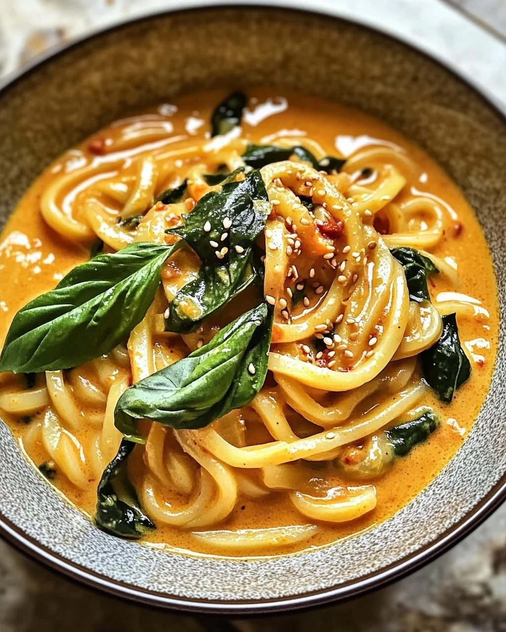 Cremige thailändische rote Curry Udon-Nudeln schnell zubereitet