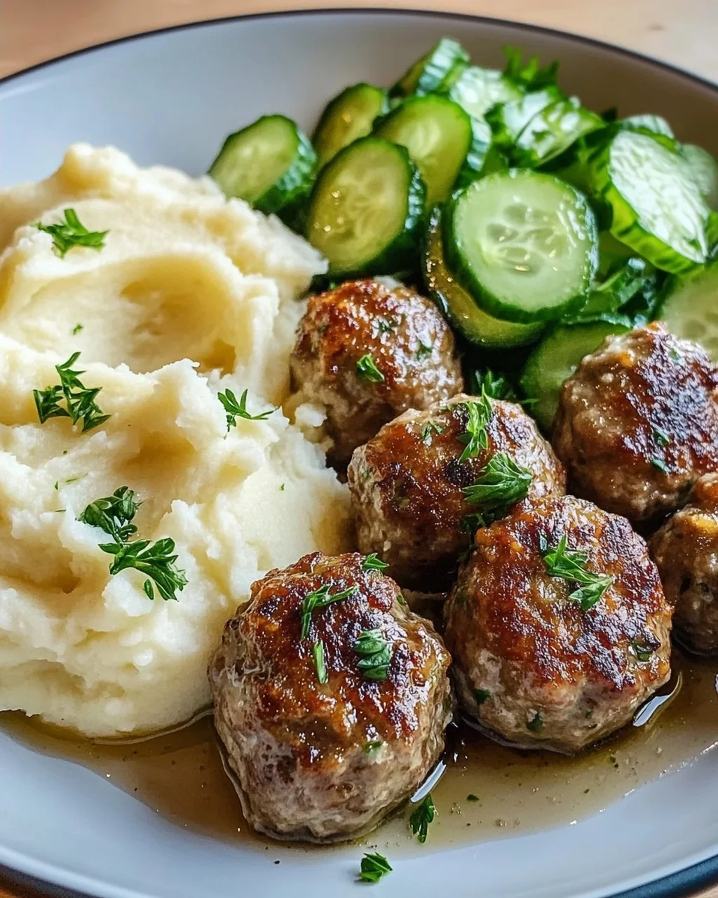 Fleischbällchen mit Gurkensalat und Kartoffelstampf