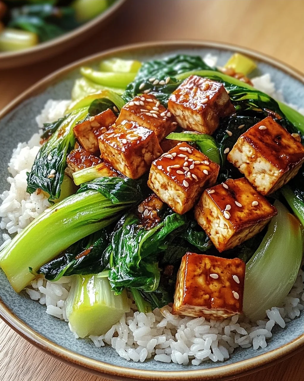 Gebratener Pak Choi mit knusprigem Tofu und Reis