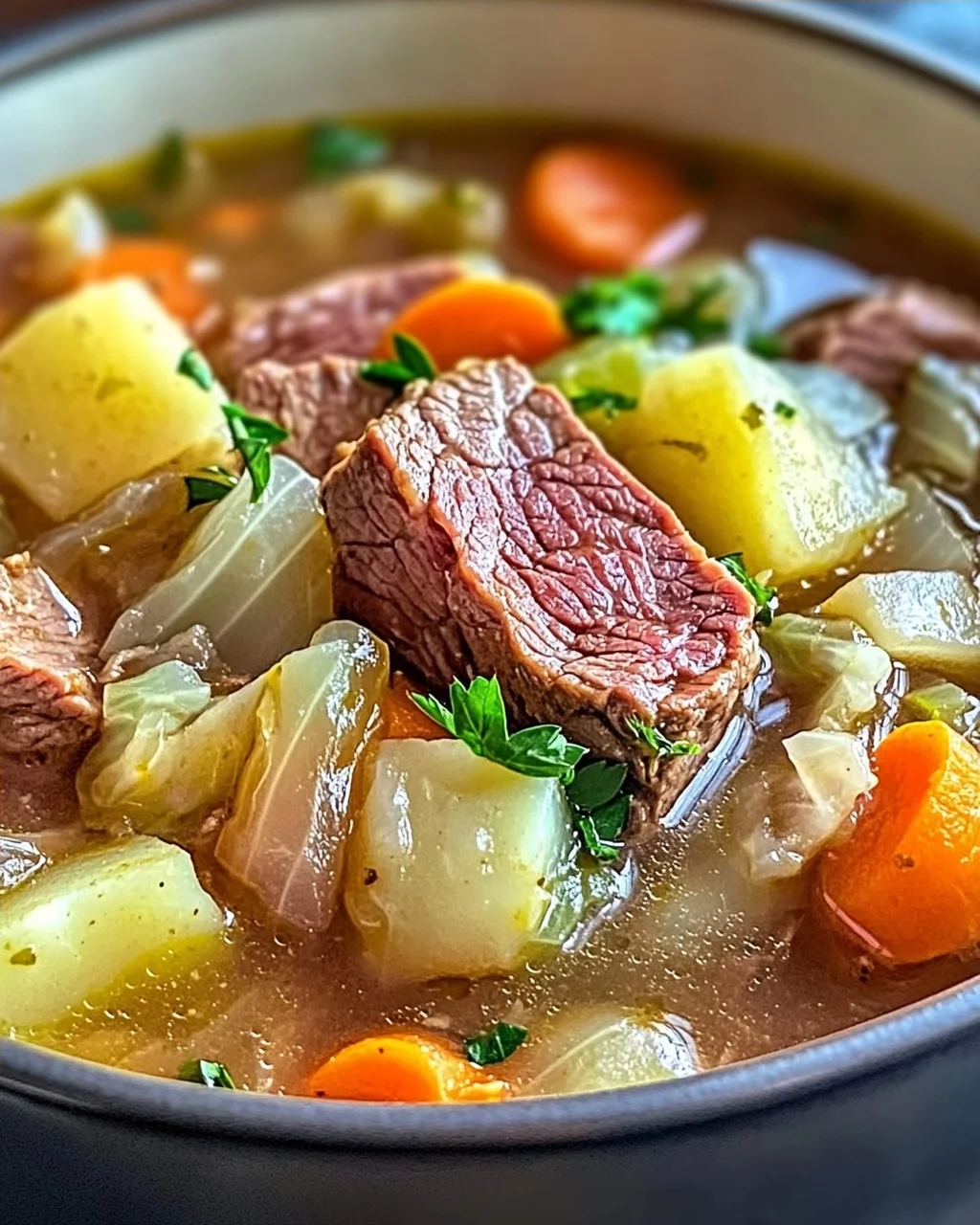 Gemütliche Rinderbrust- und Kohl-Suppe für kalte Tage