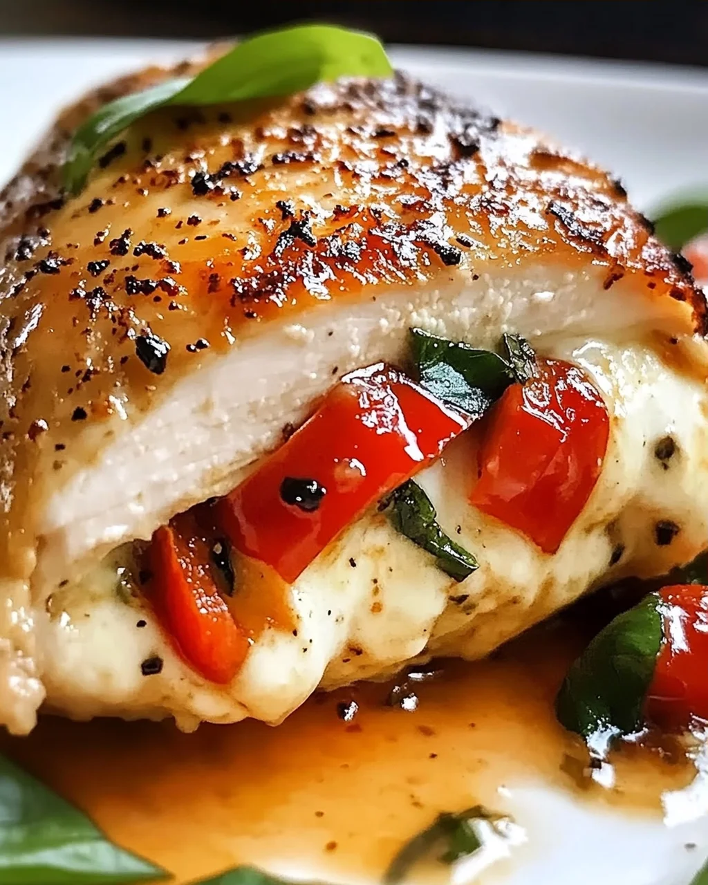 Geröstete rote Paprika und Mozzarella gefülltes Huhn