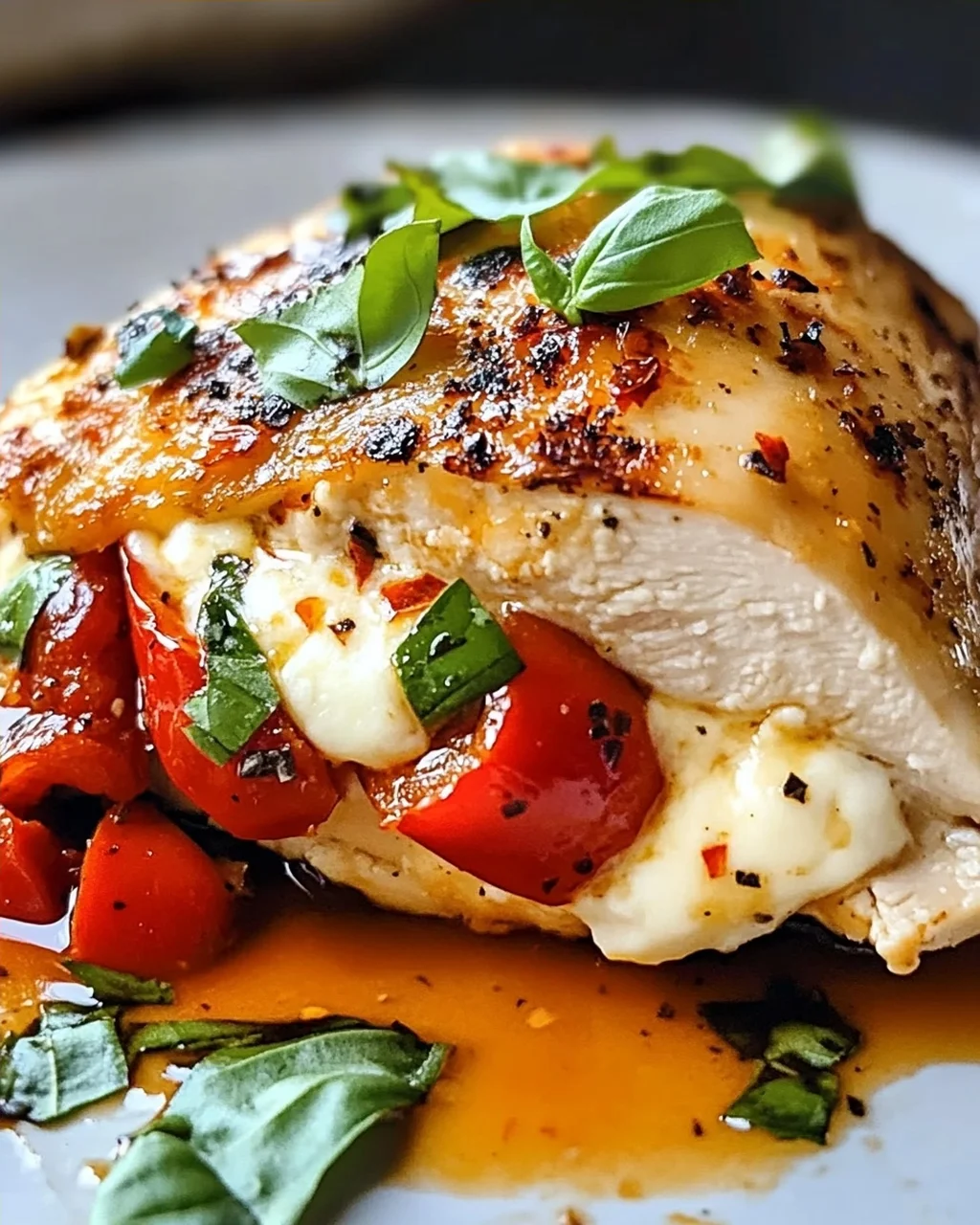 Geröstete rote Paprika und Mozzarella gefülltes Huhn