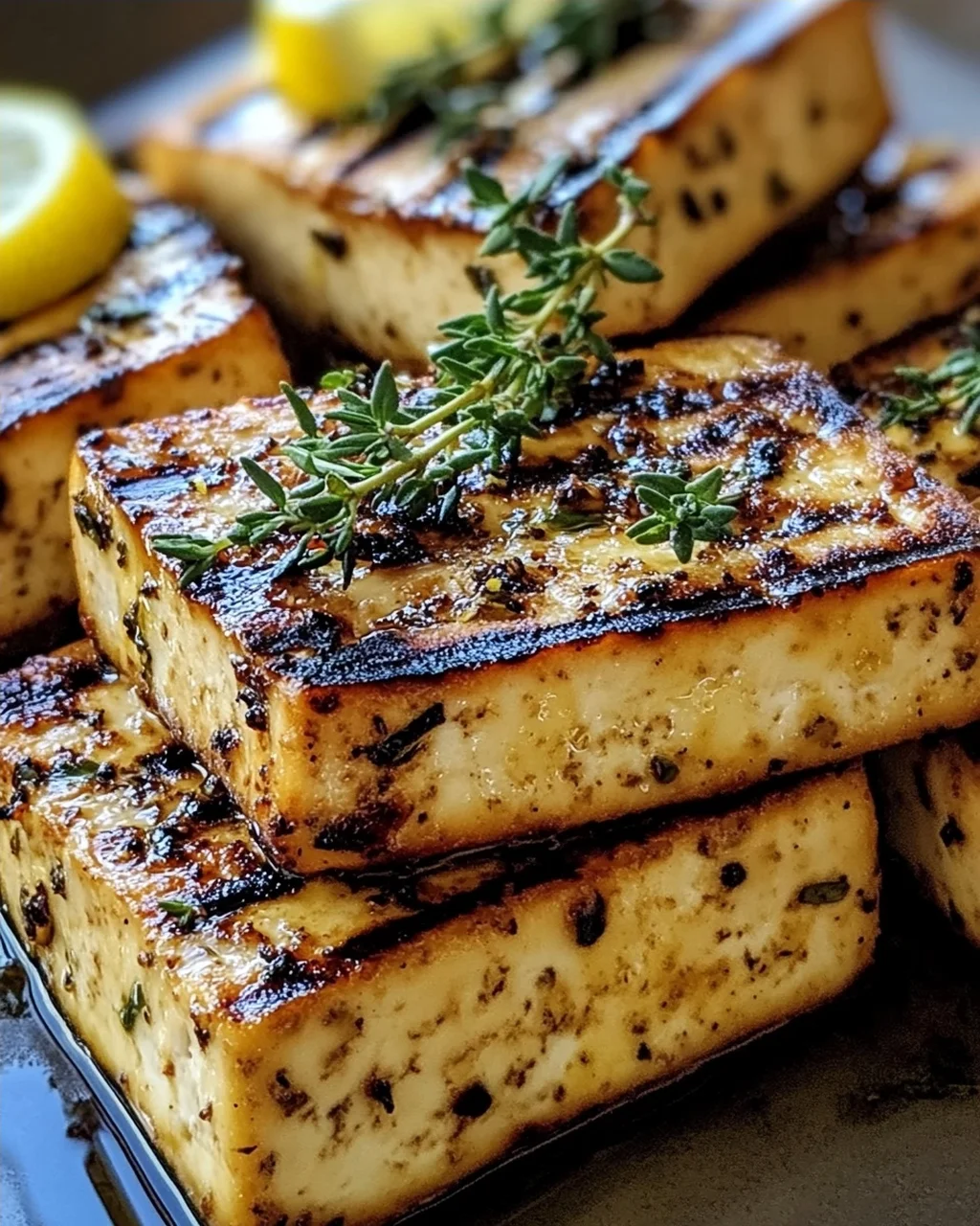 Griechischer gegrillter Tofu mit Zitrone und Thymian
