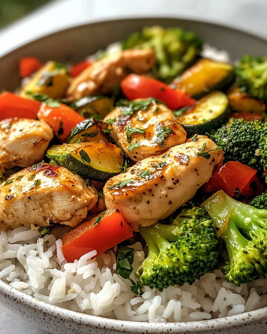 Hähnchen Reis Bowl mit Knoblauchbutter & frischem Gemüse