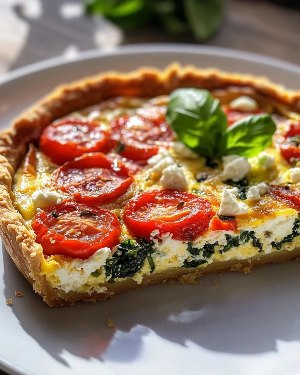 Herzhafte Quiche: Tomate, Feta, Basilikum & Spinat