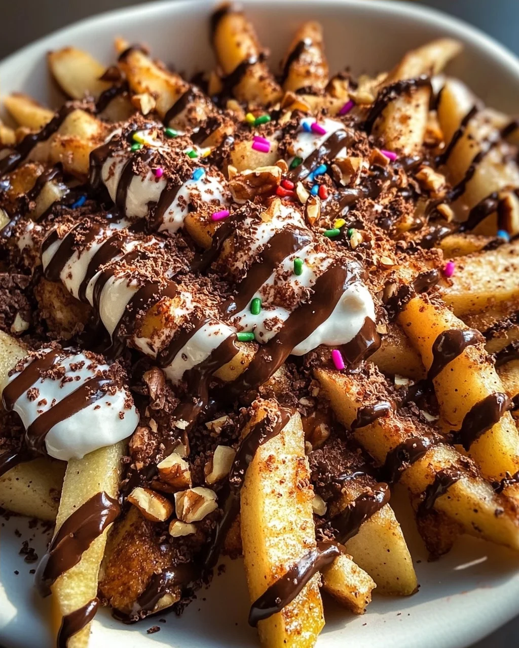 Himmlische Knusprige Apfel-Pommes Nachos mit Schoko-Drizzle