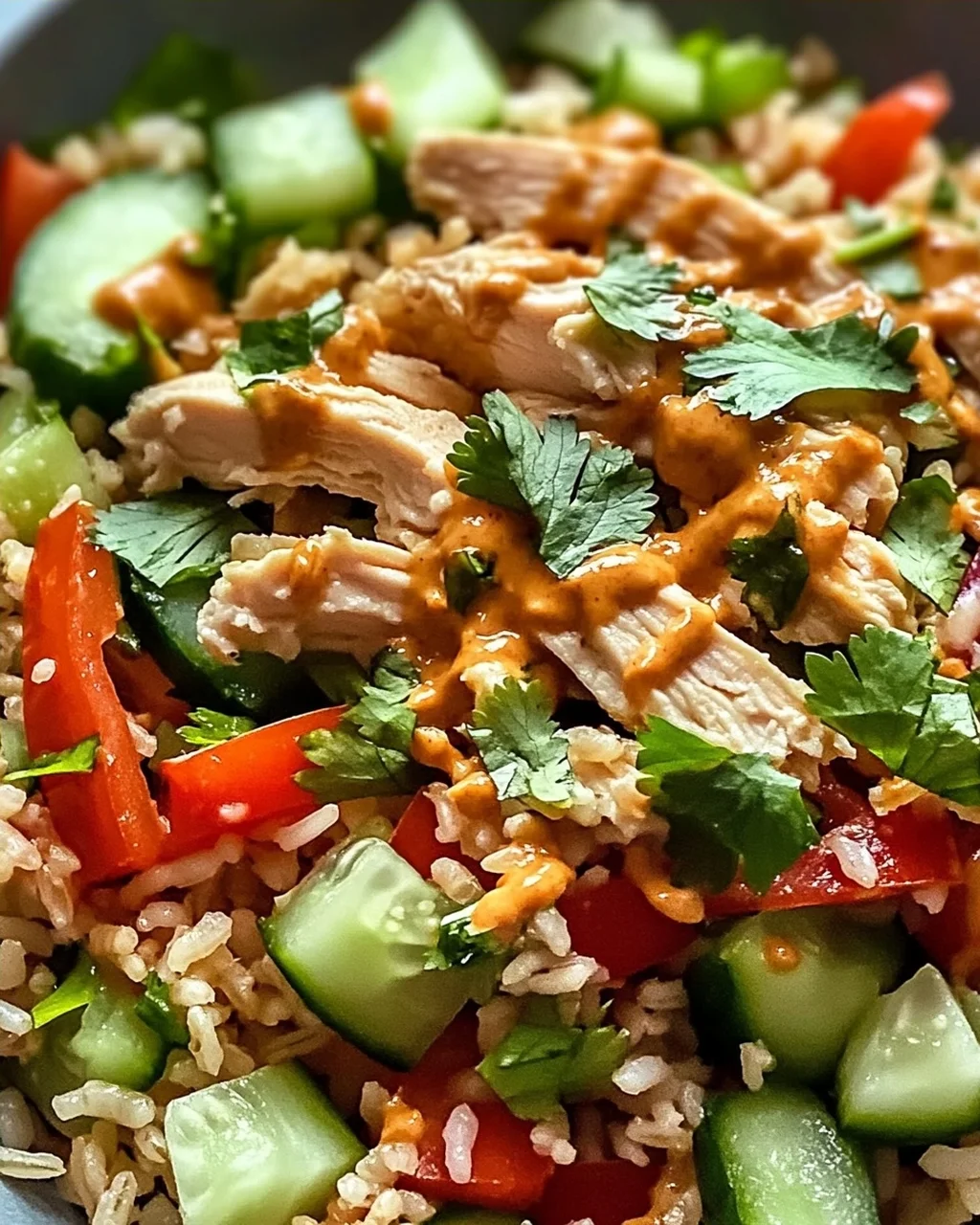 Hühnchen Crispy Reis Salat mit Erdnussdressing schnell & lecker
