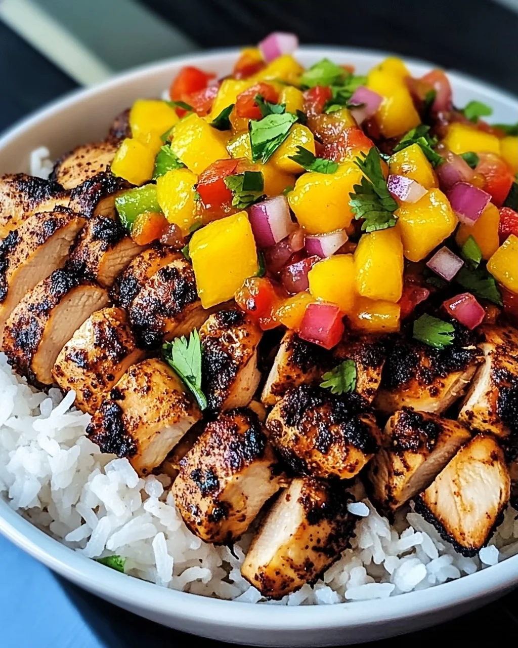Jerk-Hühnchen-Schalen mit Mango-Salsa und Kokosreis