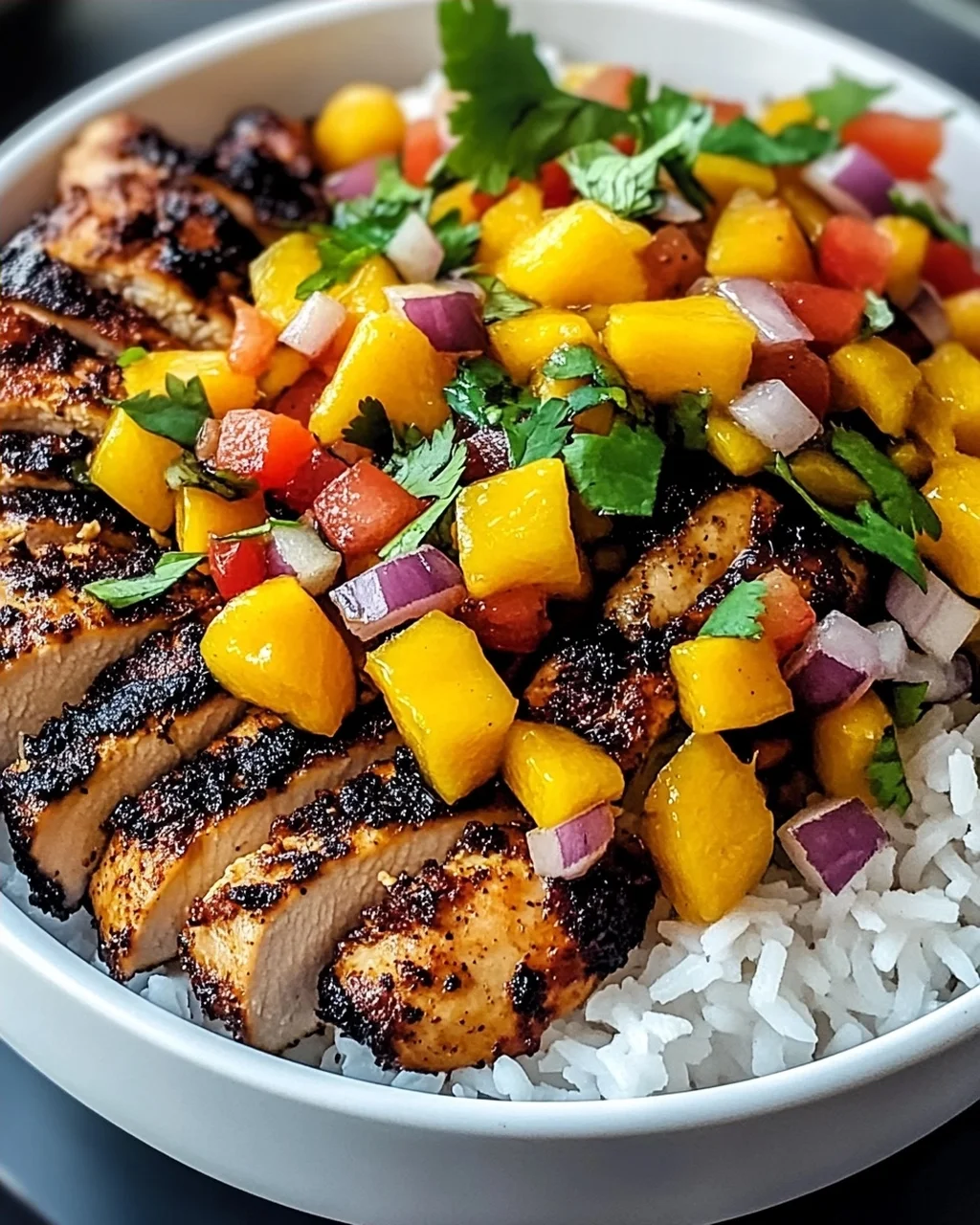 Jerk-Hühnchen-Schalen mit Mango-Salsa und Kokosreis