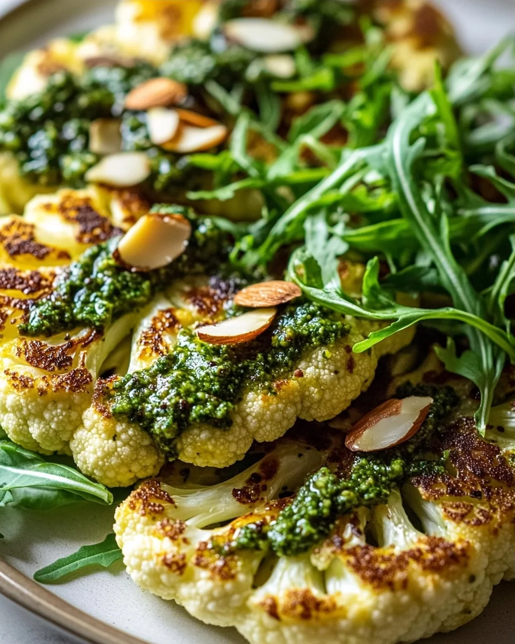 Knusprige Blumenkohl Steaks mit Mandel Pesto & Rucola