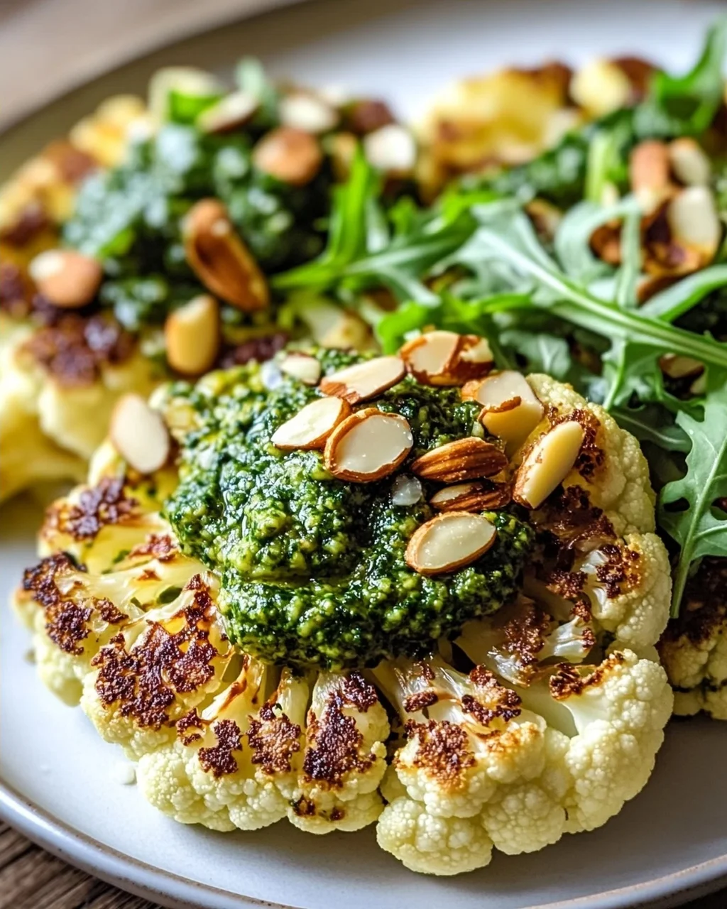 Knusprige Blumenkohl Steaks mit Mandel Pesto & Rucola