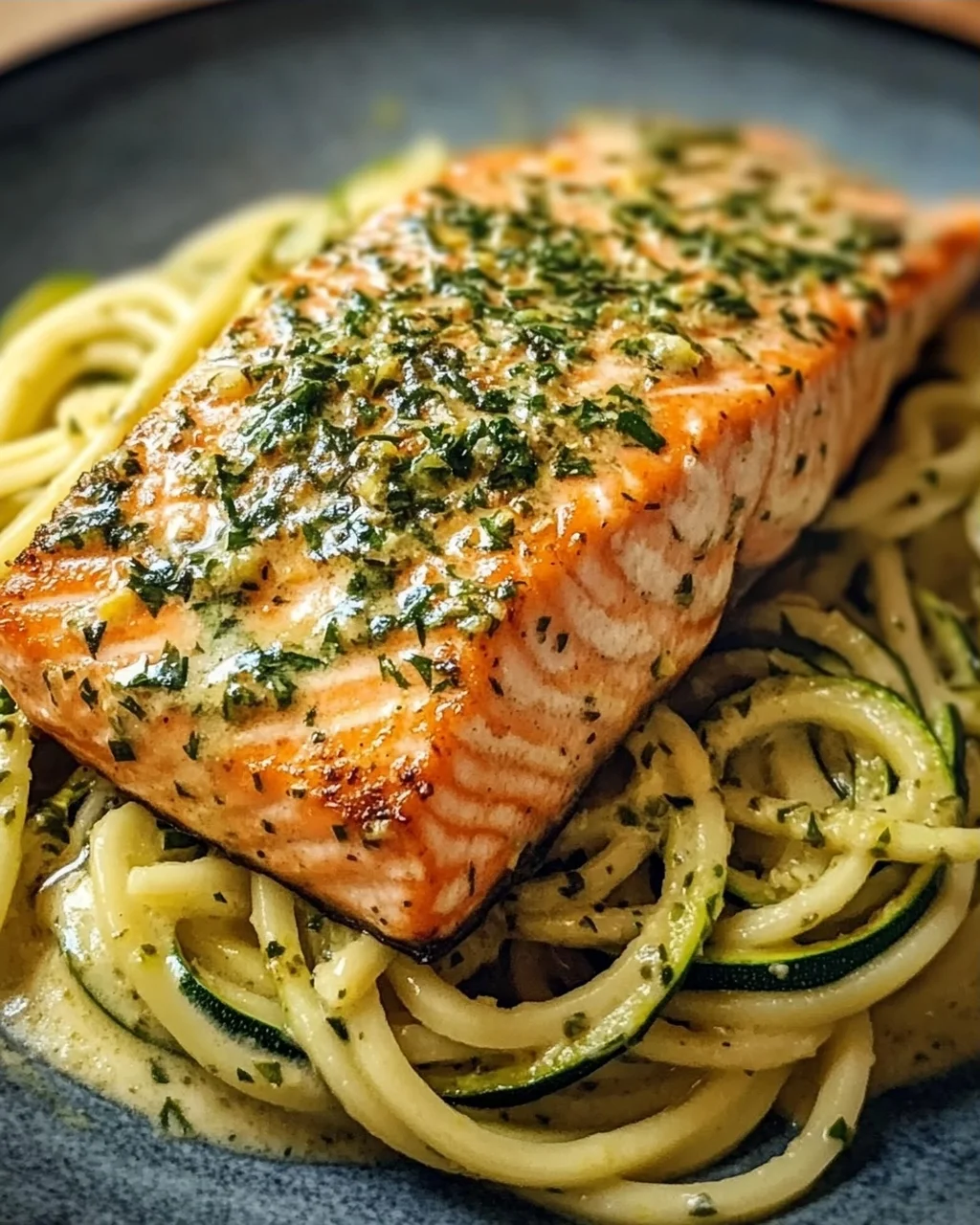 Kräuterlachs auf Zucchinipasta