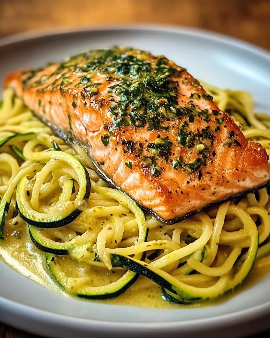 Kräuterlachs auf Zucchinipasta