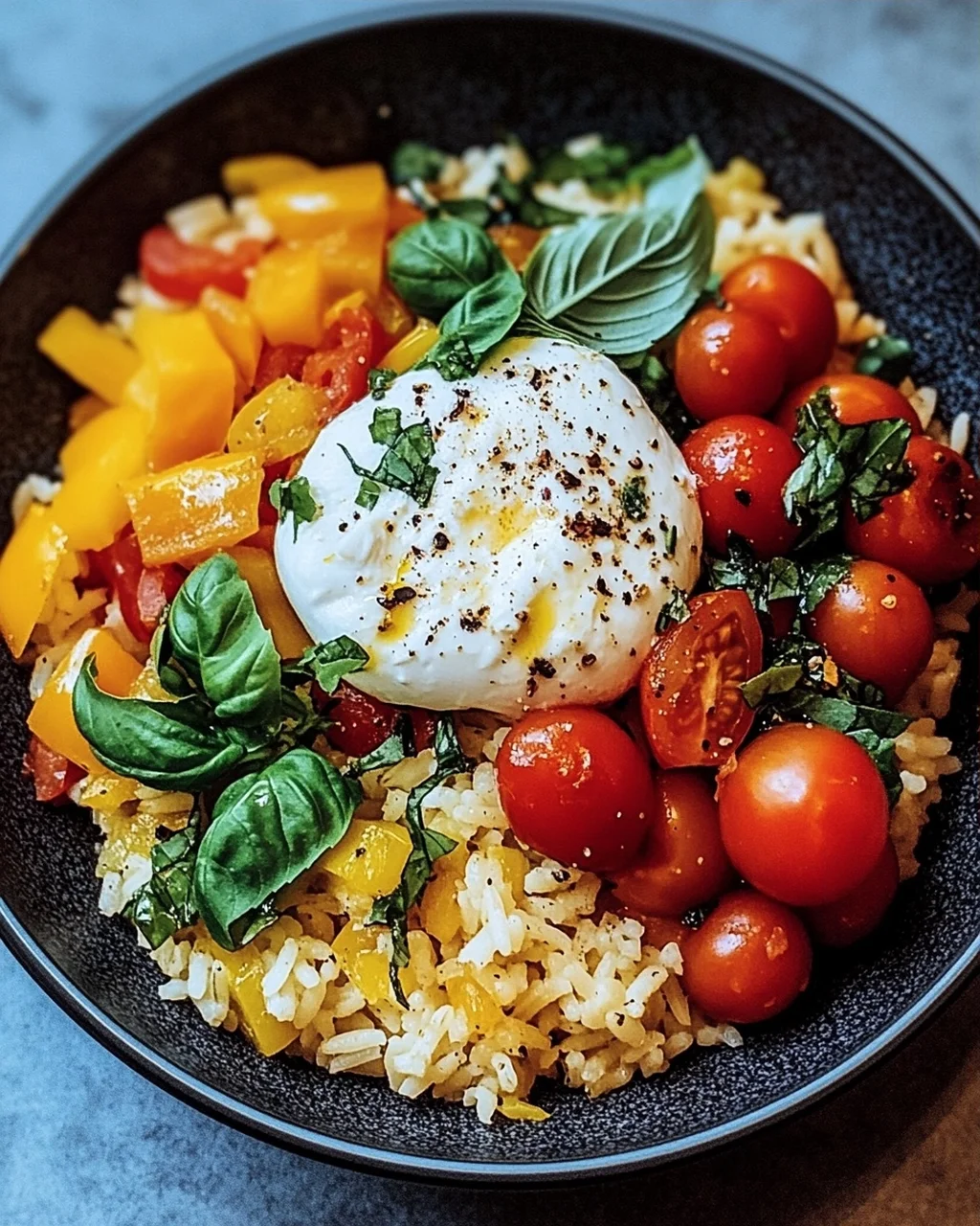Mediterrane Reispfanne mit Burrata