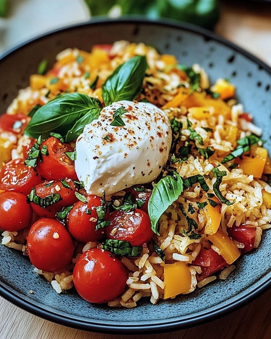 Mediterrane Reispfanne mit Burrata