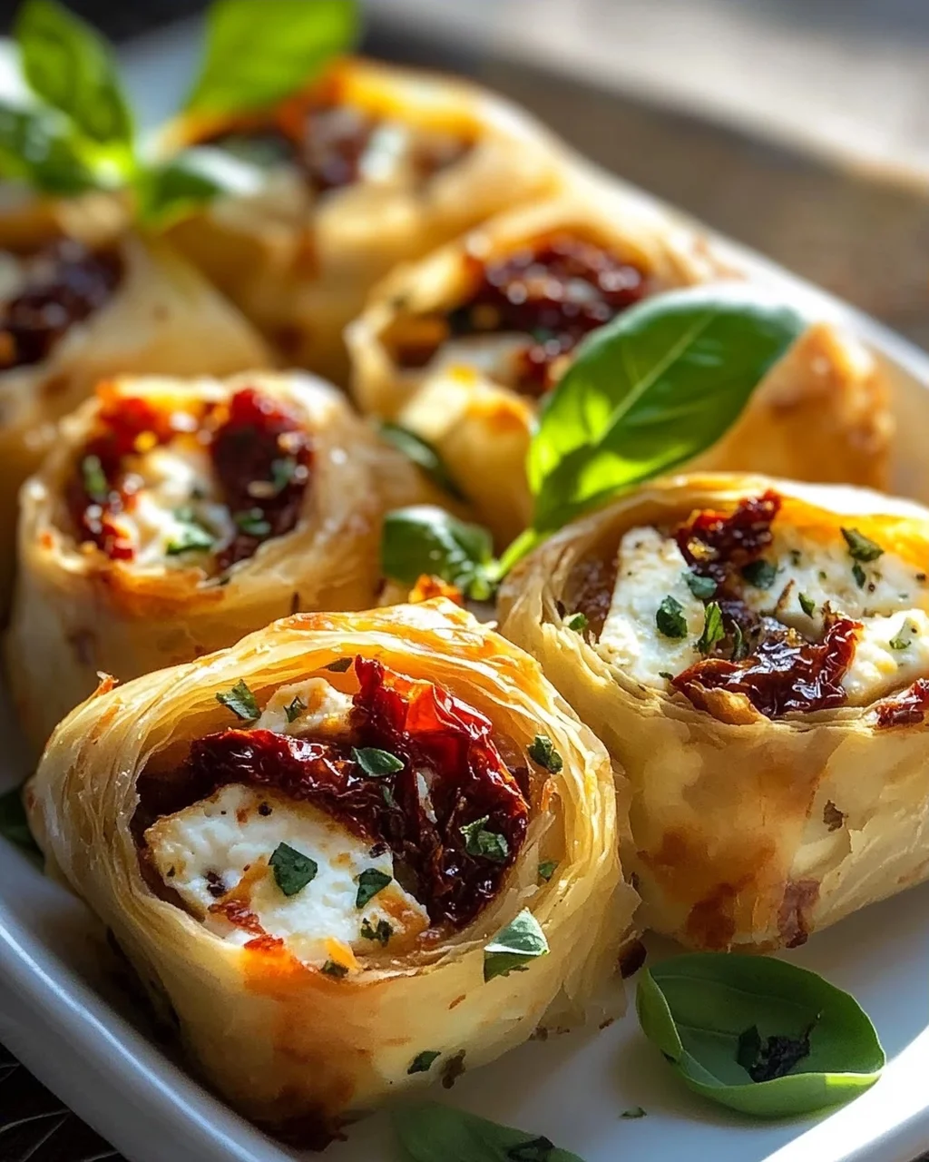 Ofen Feta Röllchen mit getrockneten Tomaten und Basilikum Rezept