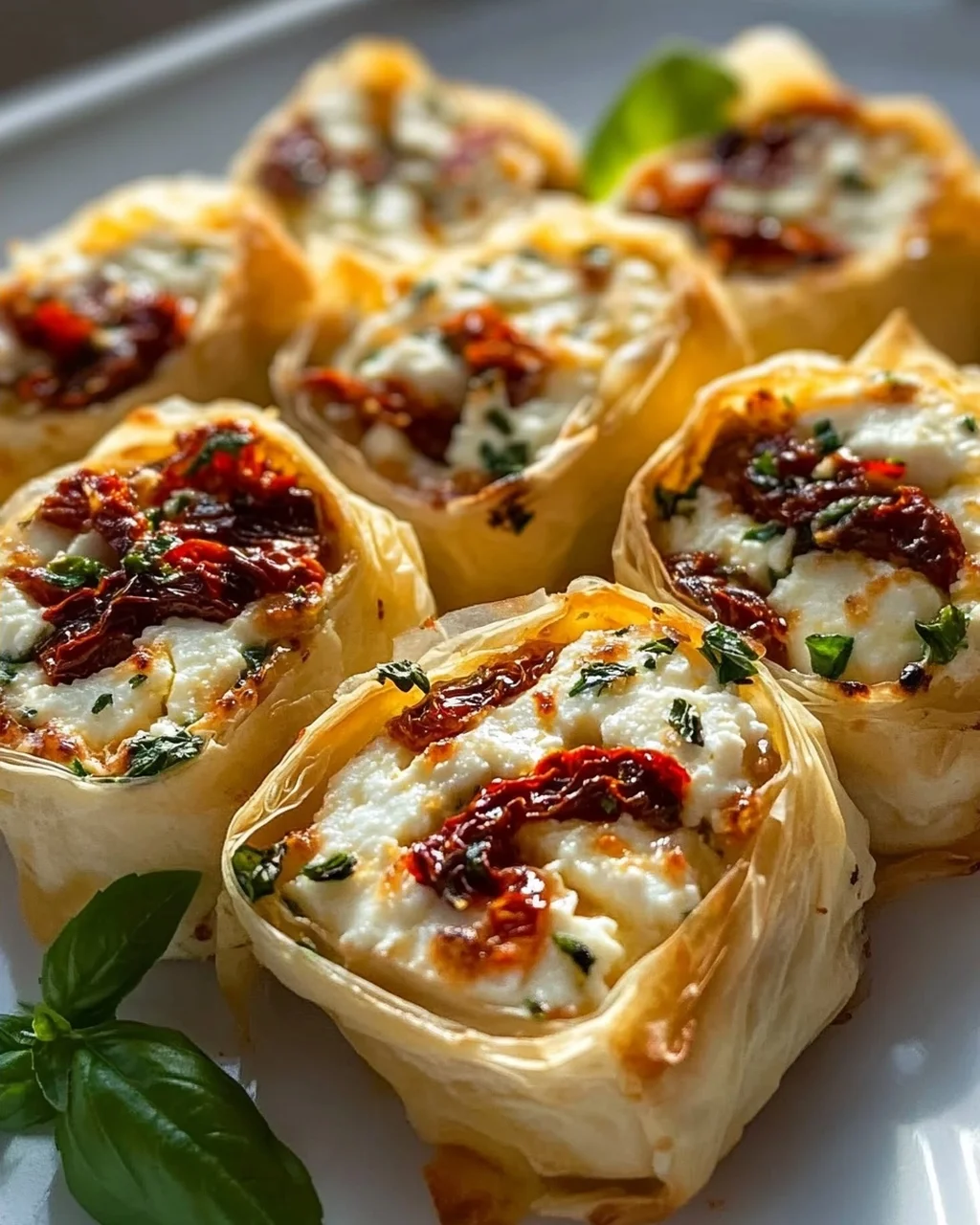 Ofen Feta Röllchen mit getrockneten Tomaten und Basilikum Rezept