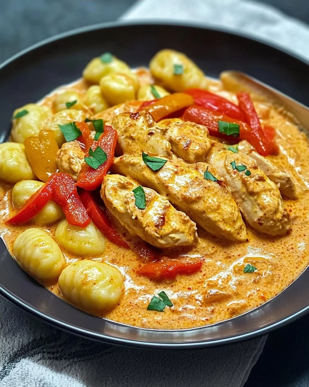 Paprika-Sahne-Hähnchen mit Gnocchi