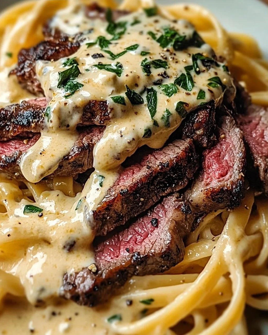 Pikantes Steak Gorgonzola Alfredo mit cremiger Parmesan-Soße
