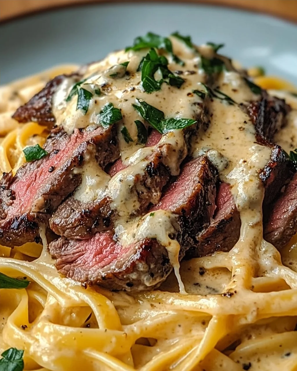 Pikantes Steak Gorgonzola Alfredo mit cremiger Parmesan-Soße