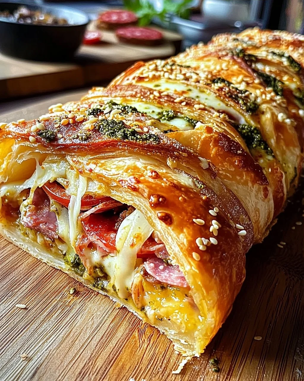 Pizza-Strudel (auch Pizza-Zopf genannt) aus fertigem Pizzateig