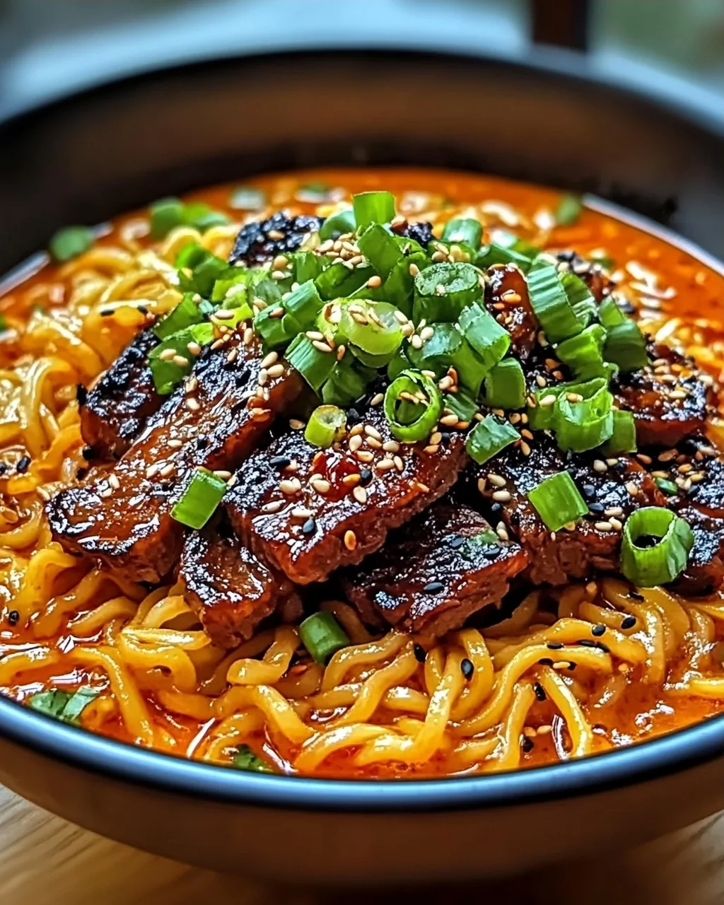 Scharfe Koreanische Nudeln mit gegrilltem Rindfleisch