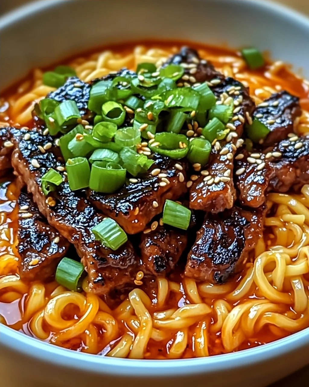 Scharfe Koreanische Nudeln mit gegrilltem Rindfleisch