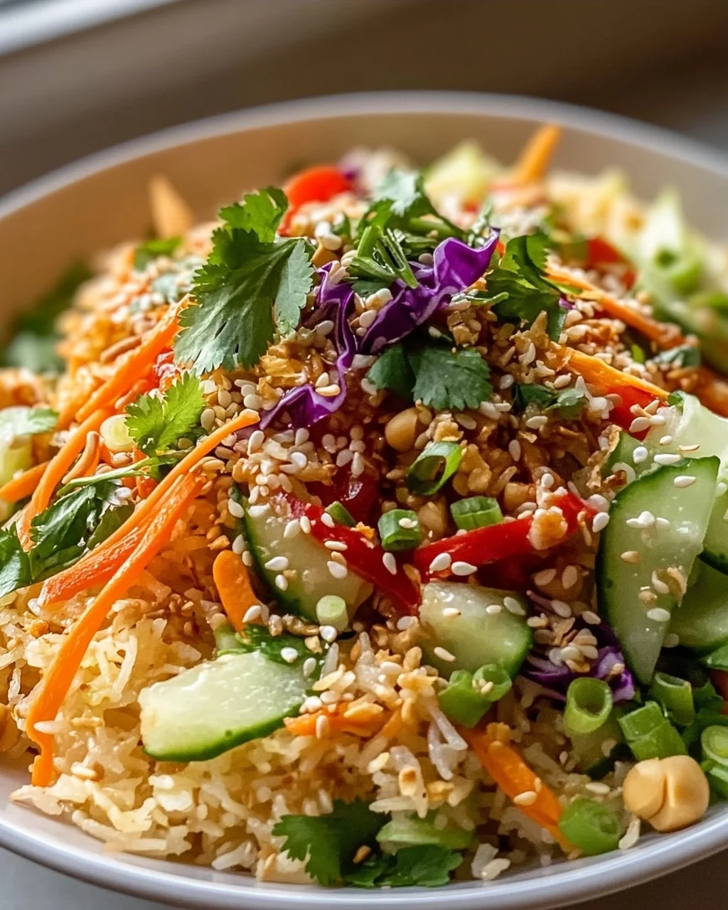 Schneller Knuspriger Reissalat mit Erdnuss-Sesam-Dressing