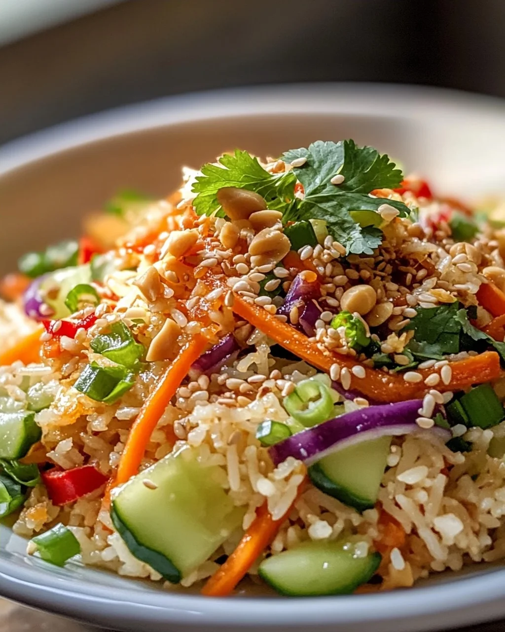 Schneller Knuspriger Reissalat mit Erdnuss-Sesam-Dressing