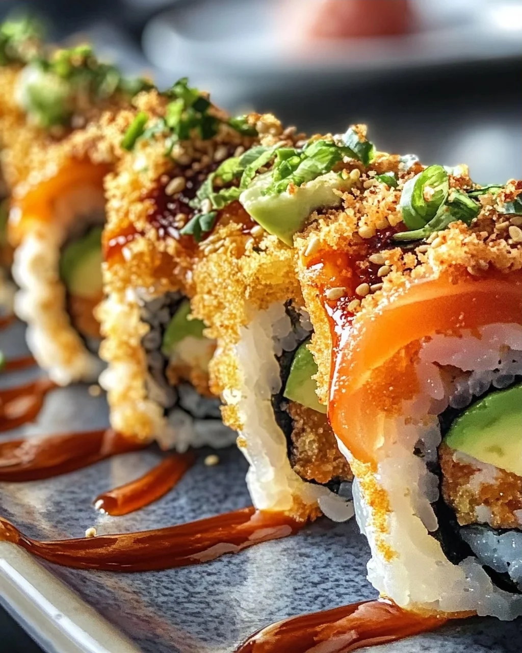 Würziger Volcano Roll mit Avocado und knusprigen Tempura Bits