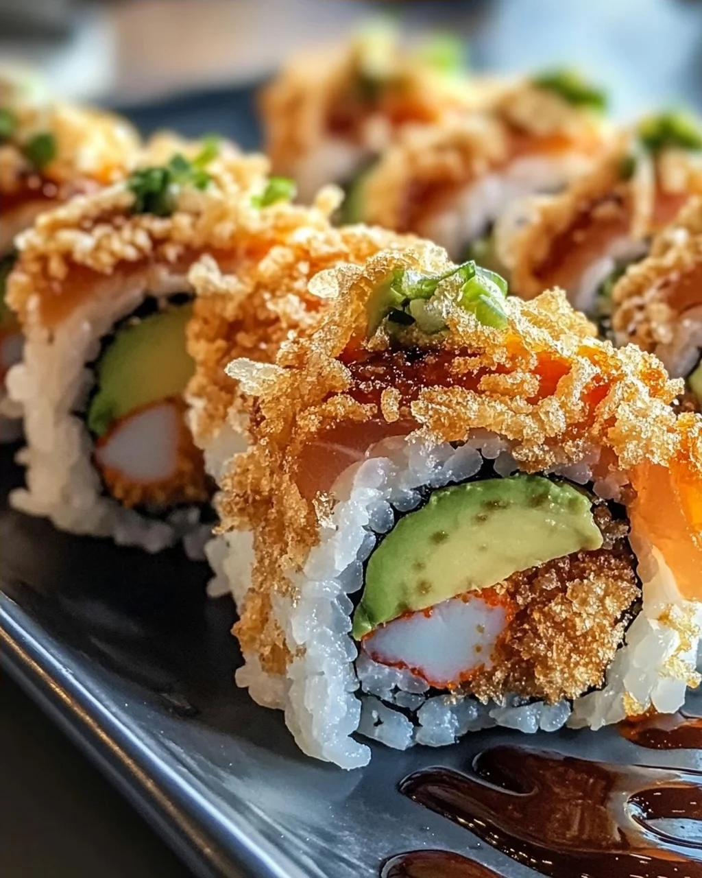 Würziger Volcano Roll mit Avocado und knusprigen Tempura Bits