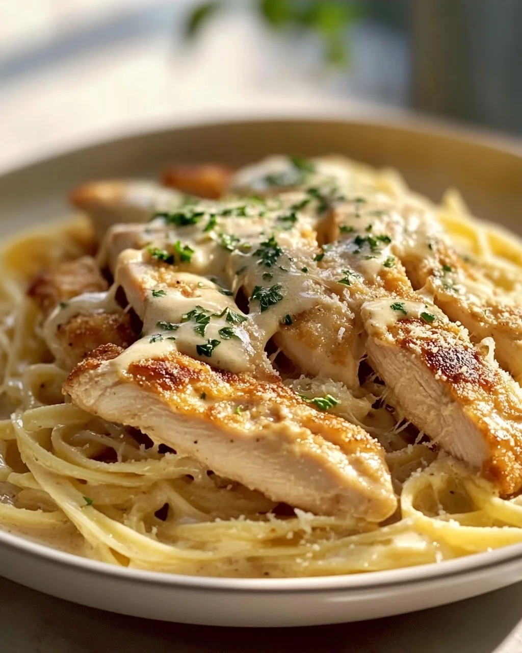 Zarte Hähnchenstreifen mit cremigen Nudeln in Sahnesauce