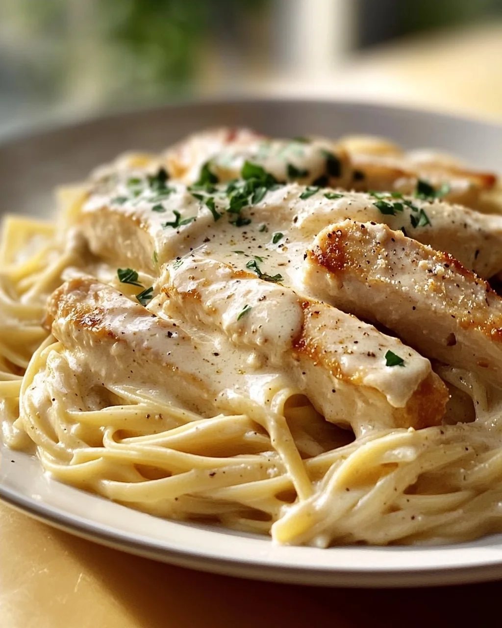 Zarte Hähnchenstreifen mit cremigen Nudeln in Sahnesauce